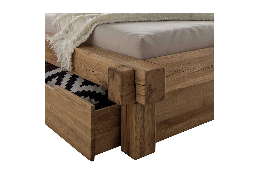 Doppelbett aus Wildeiche Massivholz Schublade (dreiteilig)