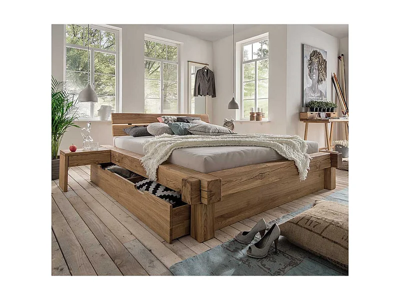 Doppelbett aus Wildeiche Massivholz Schublade (dreiteilig)