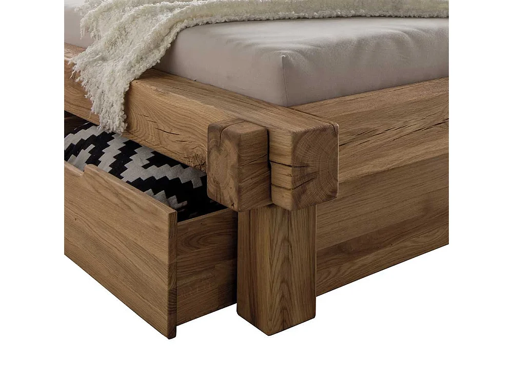 Doppelbett aus Wildeiche Massivholz Schublade (dreiteilig)