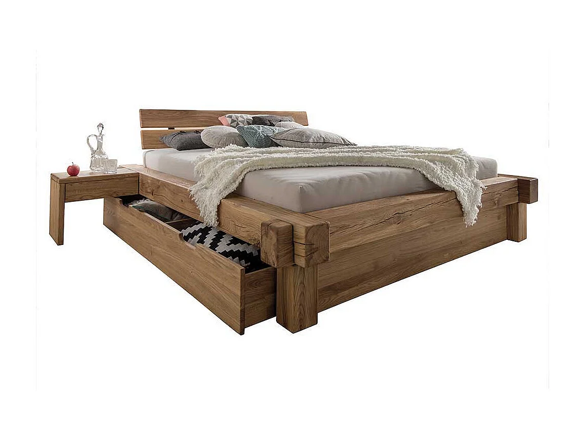 Doppelbett aus Wildeiche Massivholz Schublade (dreiteilig)