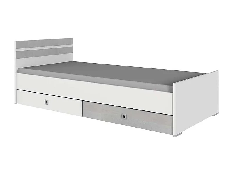 Einzelbett in Beton Lichtgrau und Weiß Variante mit Schubladen