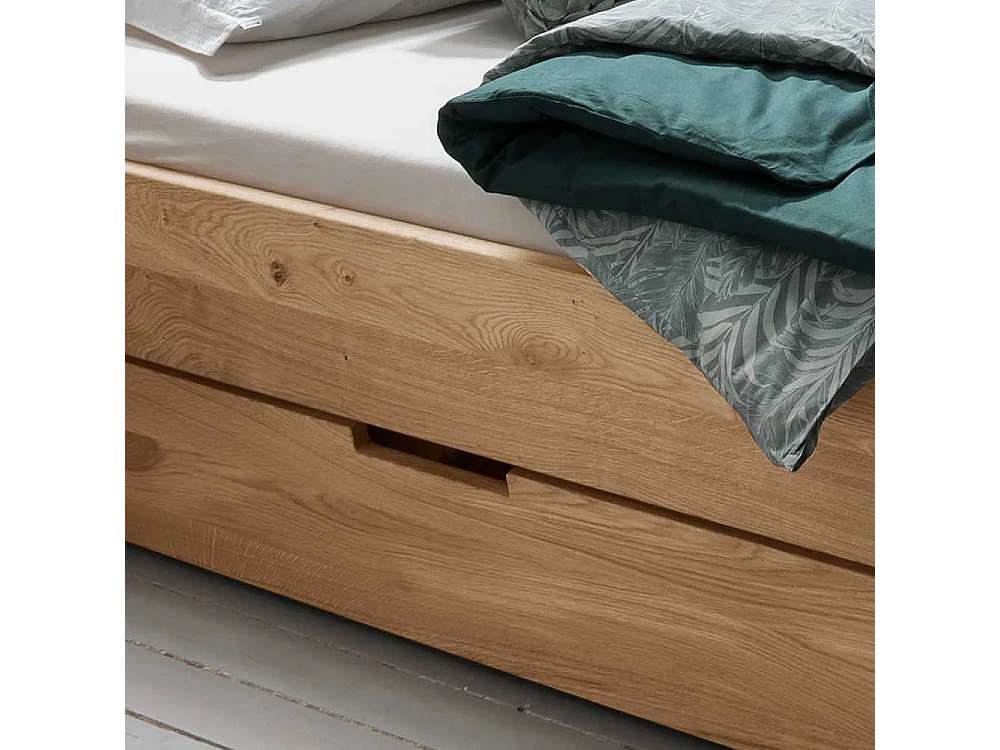 Doppelbett Schubladenbett aus Wildeiche Massivholz auf Schwebesockel