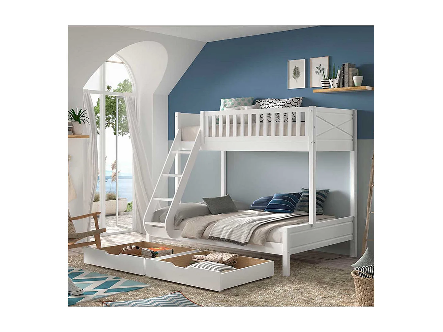 Weißes Doppelstockbett im Skandi Design optional mit Schubladen