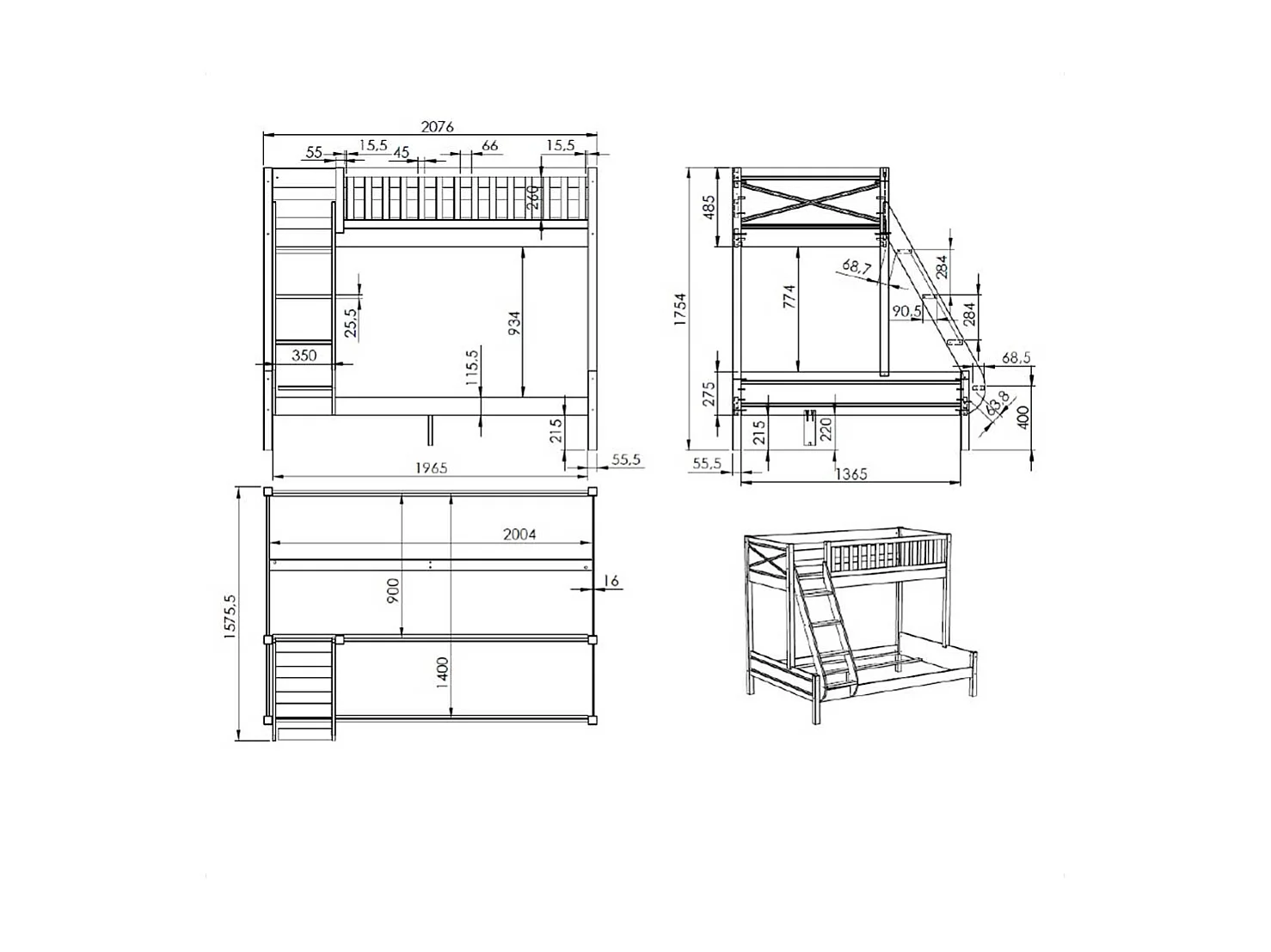 Weißes Doppelstockbett im Skandi Design optional mit Schubladen