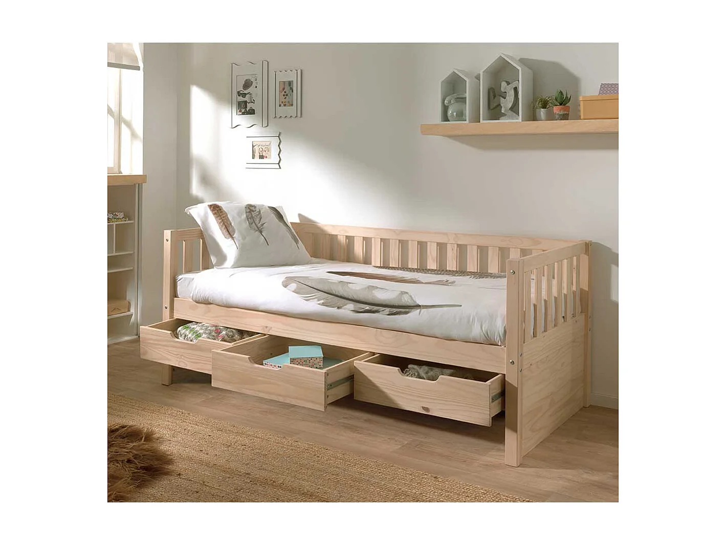 Kojenbett mit Schubladen aus Kiefer Massivholz Skandi Design