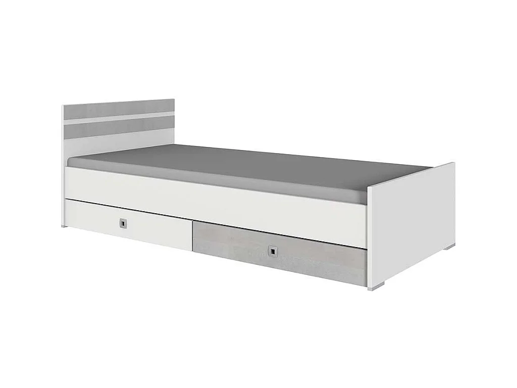 Einzelbett in Beton Lichtgrau und Weiß Variante mit Schubladen