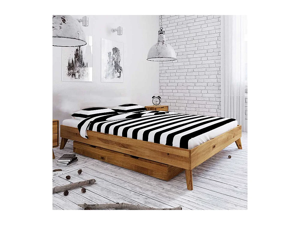 Schubladen Bett aus Wildeiche Massivholz Kopfteil