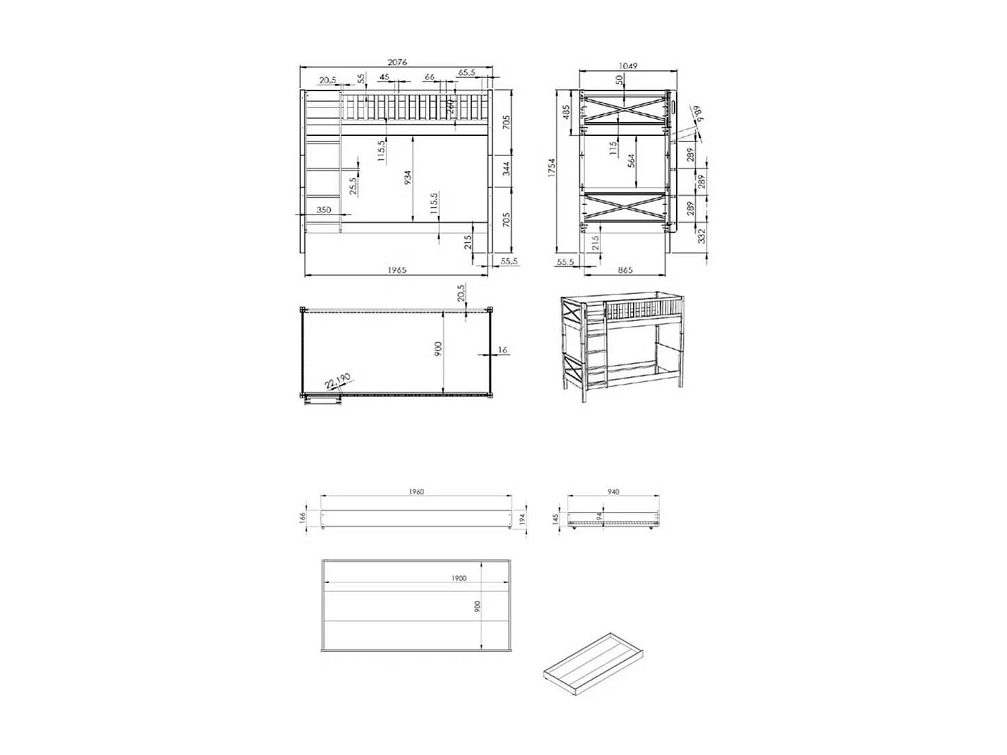 Etagenbett mit Schublade weiss im Skandi Design Leiter