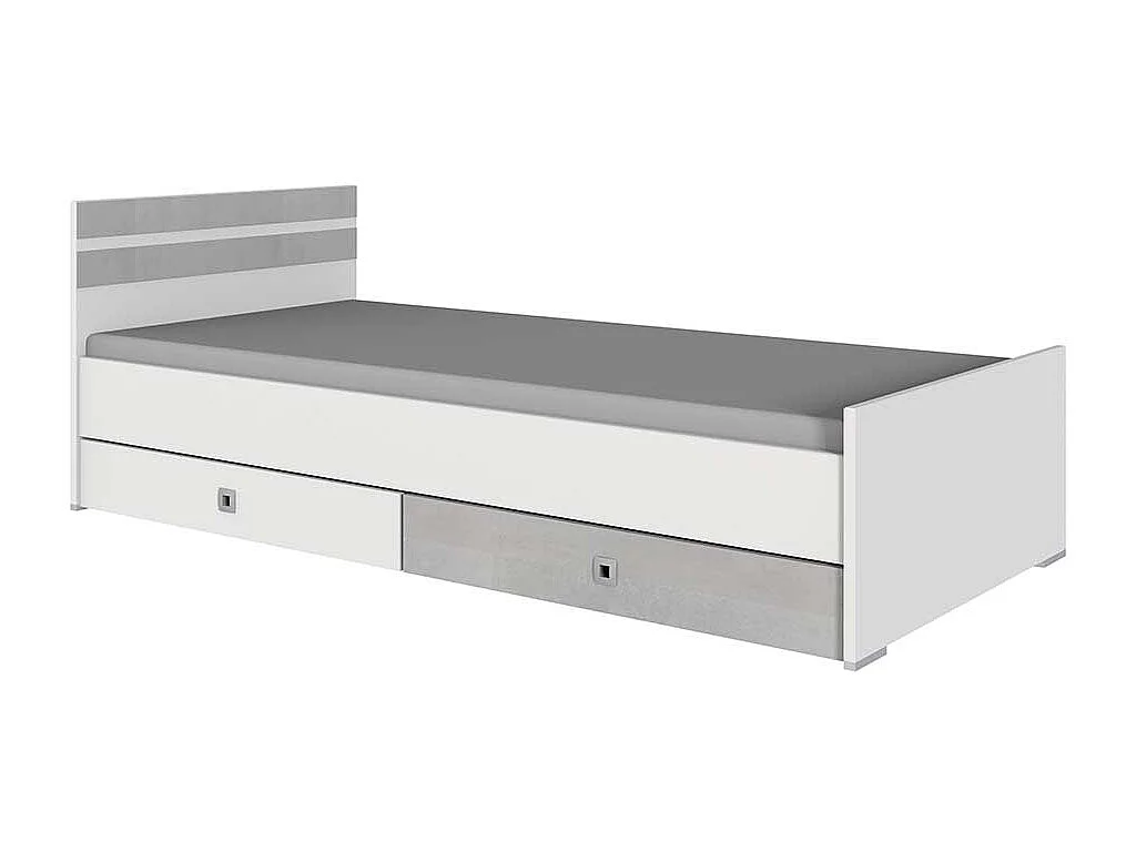 Einzelbett in Beton Lichtgrau und Weiß Variante mit Schubladen