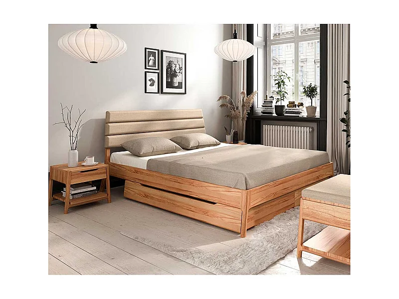 Bett mit Polsterkopfteil in Beige Kernbuche Massivholz
