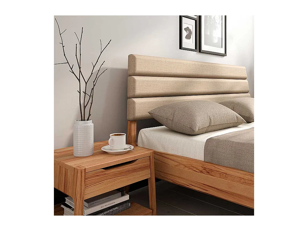 Bett mit Polsterkopfteil in Beige Kernbuche Massivholz