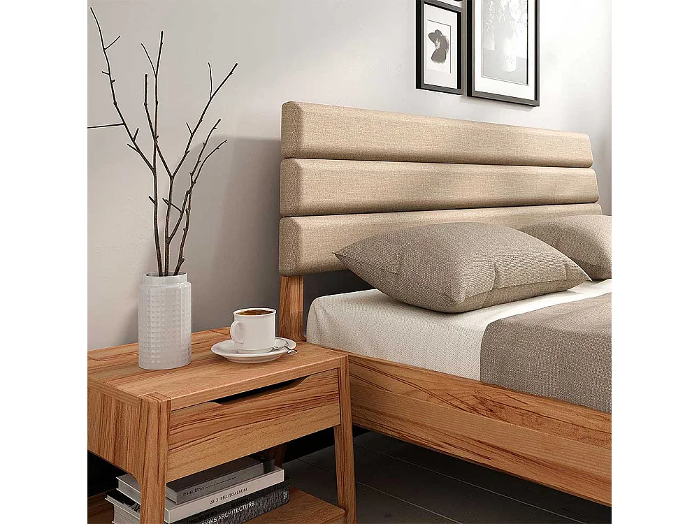 Bett mit Polsterkopfteil in Beige Kernbuche Massivholz