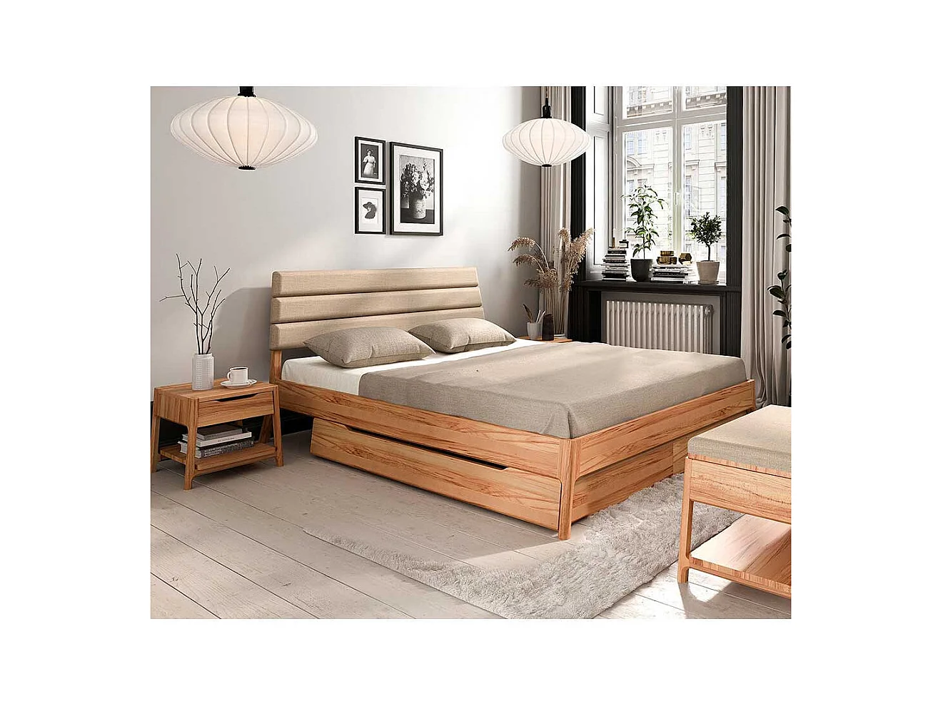 Bett mit Polsterkopfteil in Beige Kernbuche Massivholz