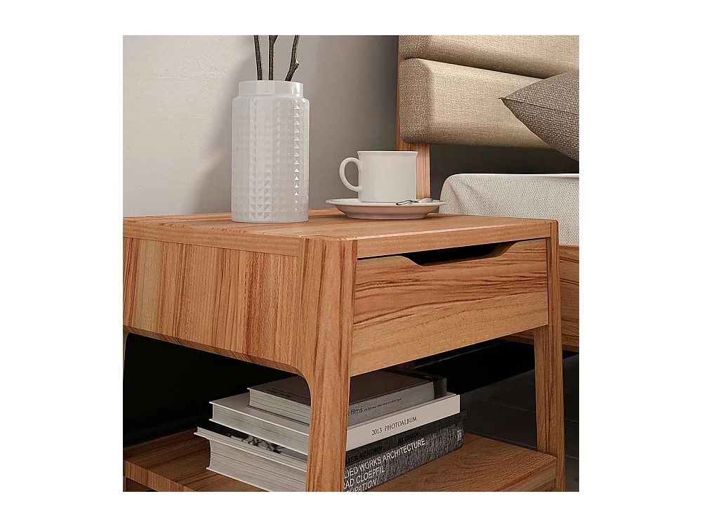 Bett mit Polsterkopfteil in Beige Kernbuche Massivholz