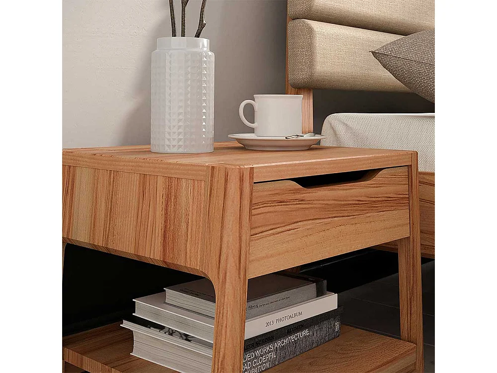 Bett mit Polsterkopfteil in Beige Kernbuche Massivholz