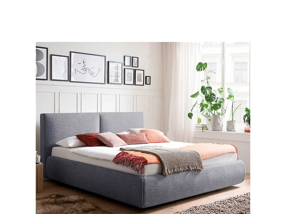 Gepolstertes Bett in Blau Webstoff Bettkasten