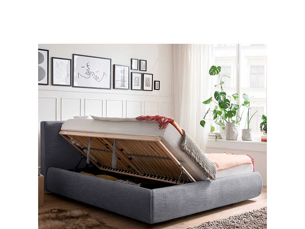 Gepolstertes Bett in Blau Webstoff Bettkasten