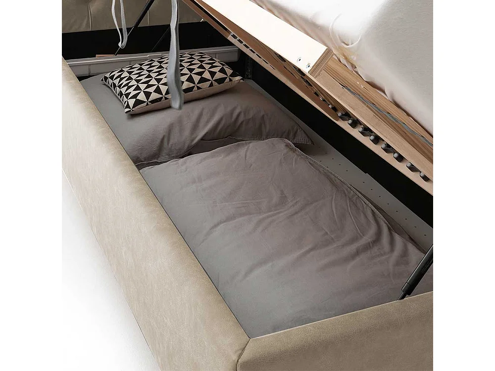 Polsterbett Microfaserbezug in Beige Vierfußgestell aus Holz