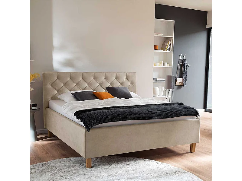 Polsterbett Microfaserbezug in Beige Vierfußgestell aus Holz