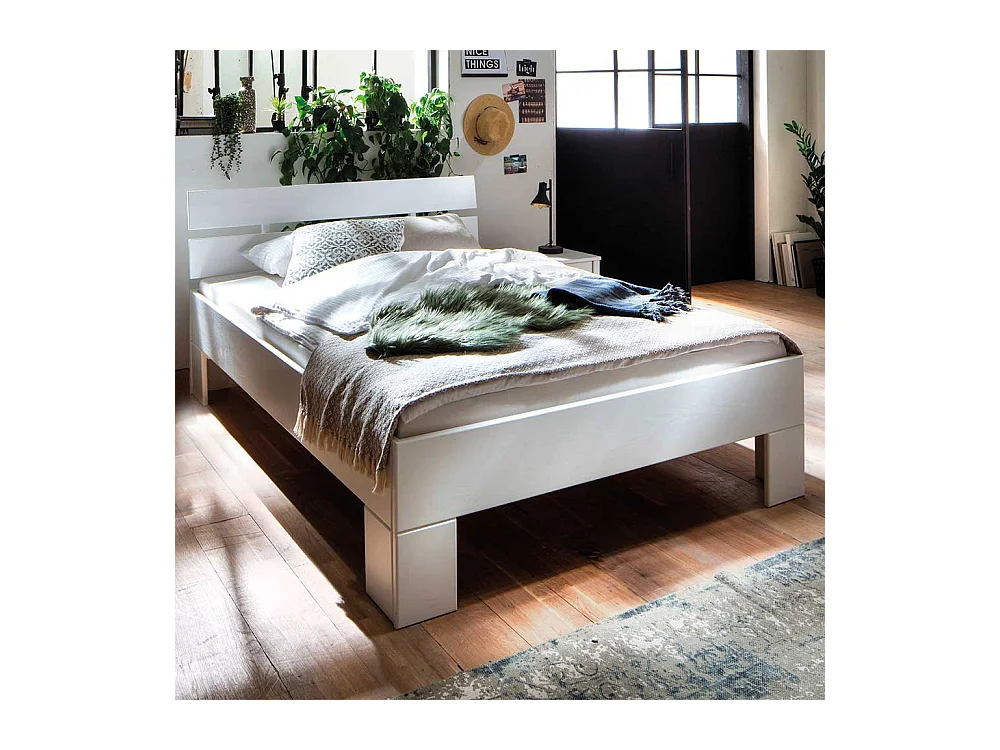 Weißes Fichte Massivholzbett in modernem Design wahlweise mit Bettkasten