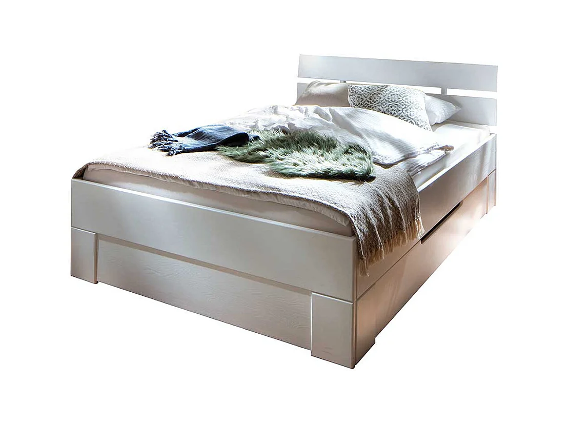 Weißes Fichte Massivholzbett in modernem Design wahlweise mit Bettkasten