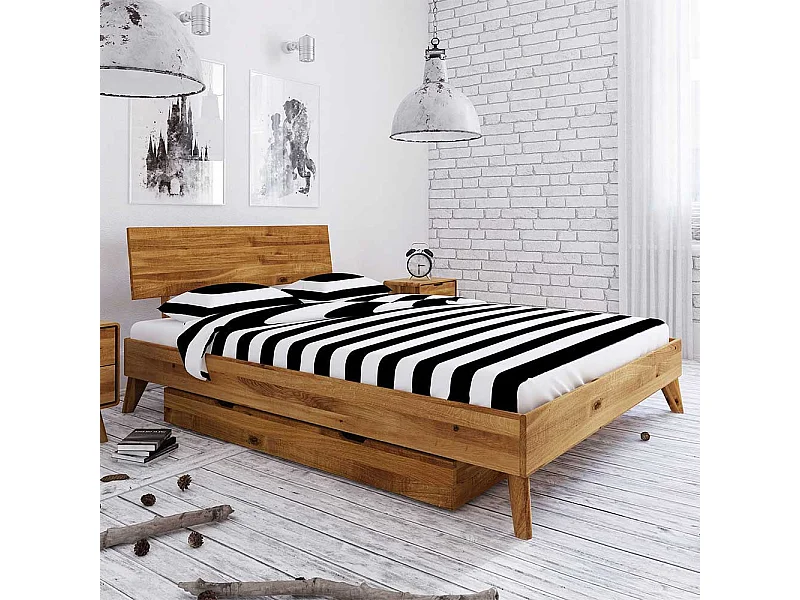 Singlebett aus Wildeiche Massivholz Bettkasten
