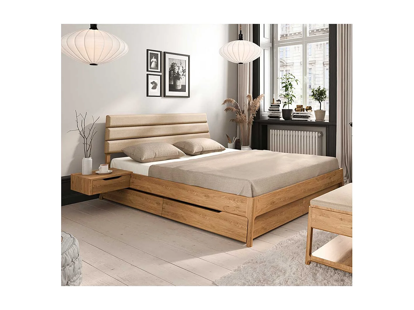 Breites Bett mit Konsolen - 214 cm tief 152 cm breit (dreiteilig)