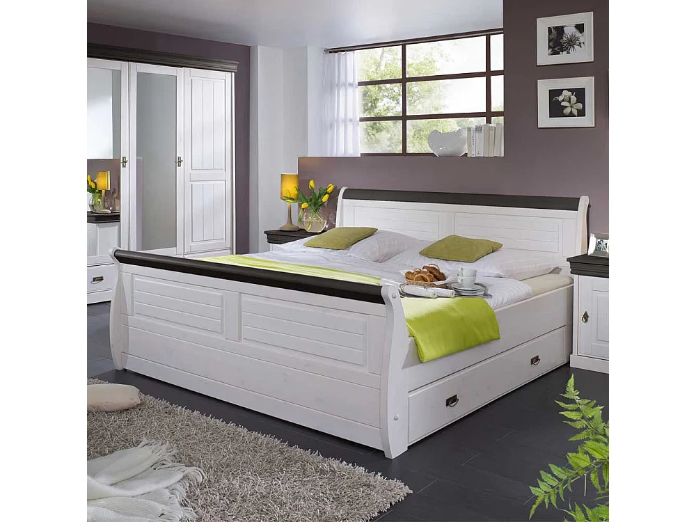 Landhausbett in Weiß Dunkelbraun