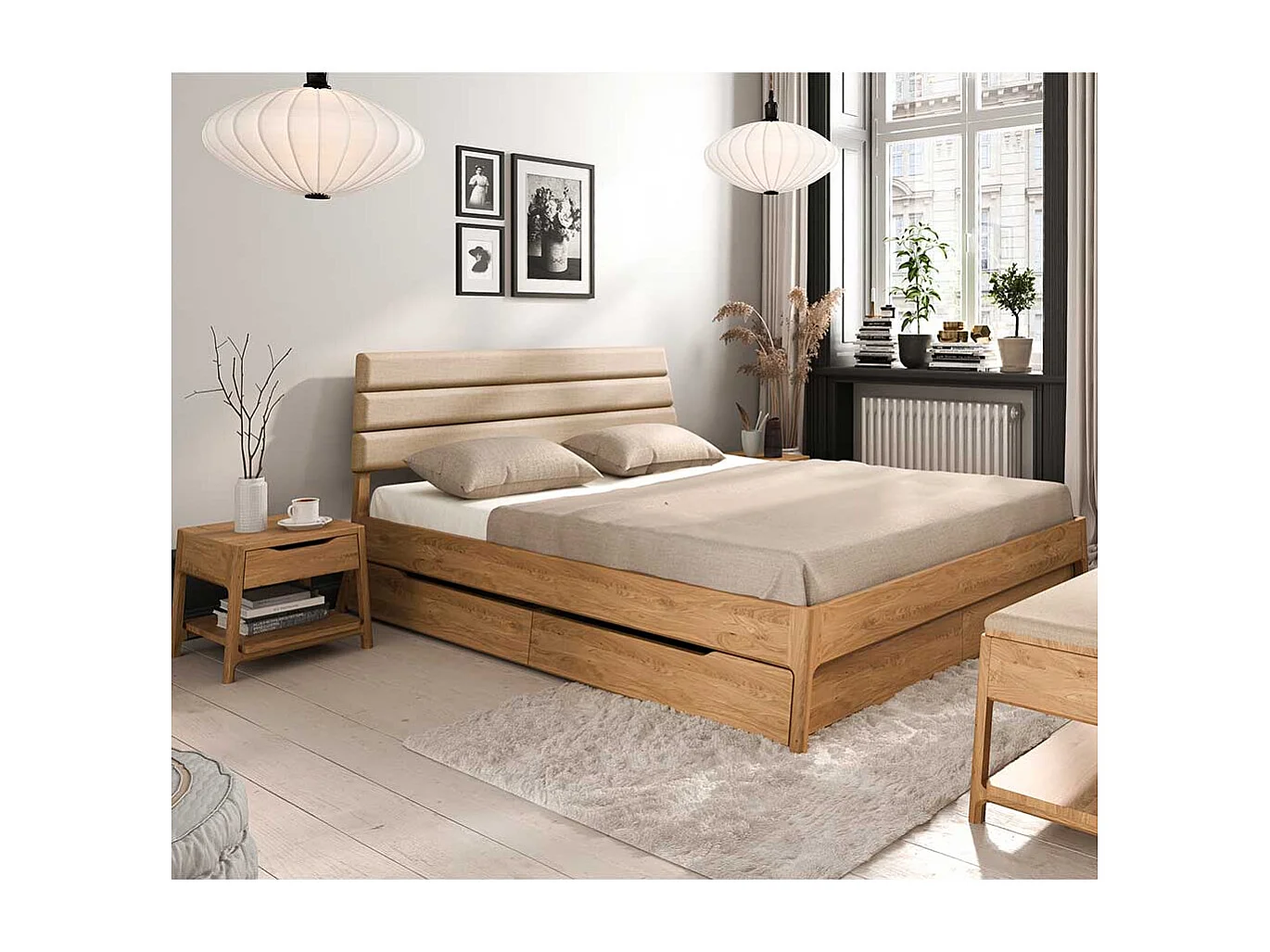 Französisches Bett in Wildeichefarben und Beige 214 cm tief
