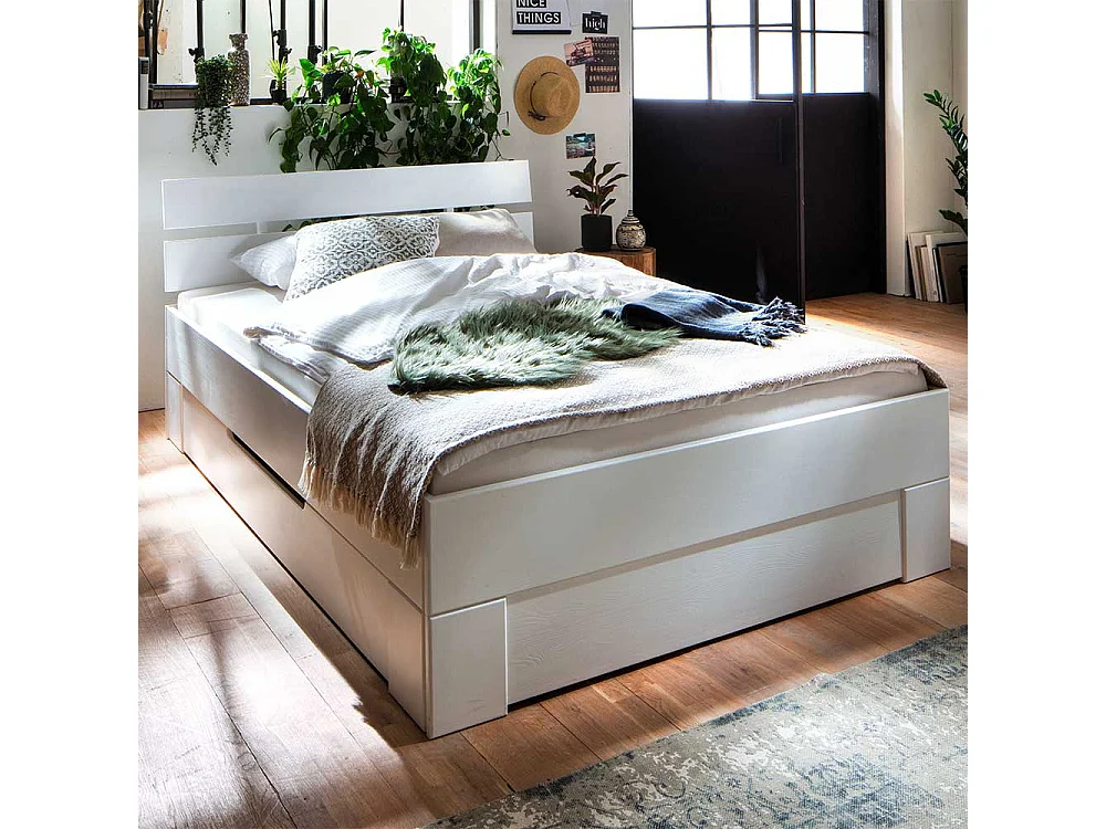 Weißes Fichte Massivholzbett in modernem Design wahlweise mit Bettkasten