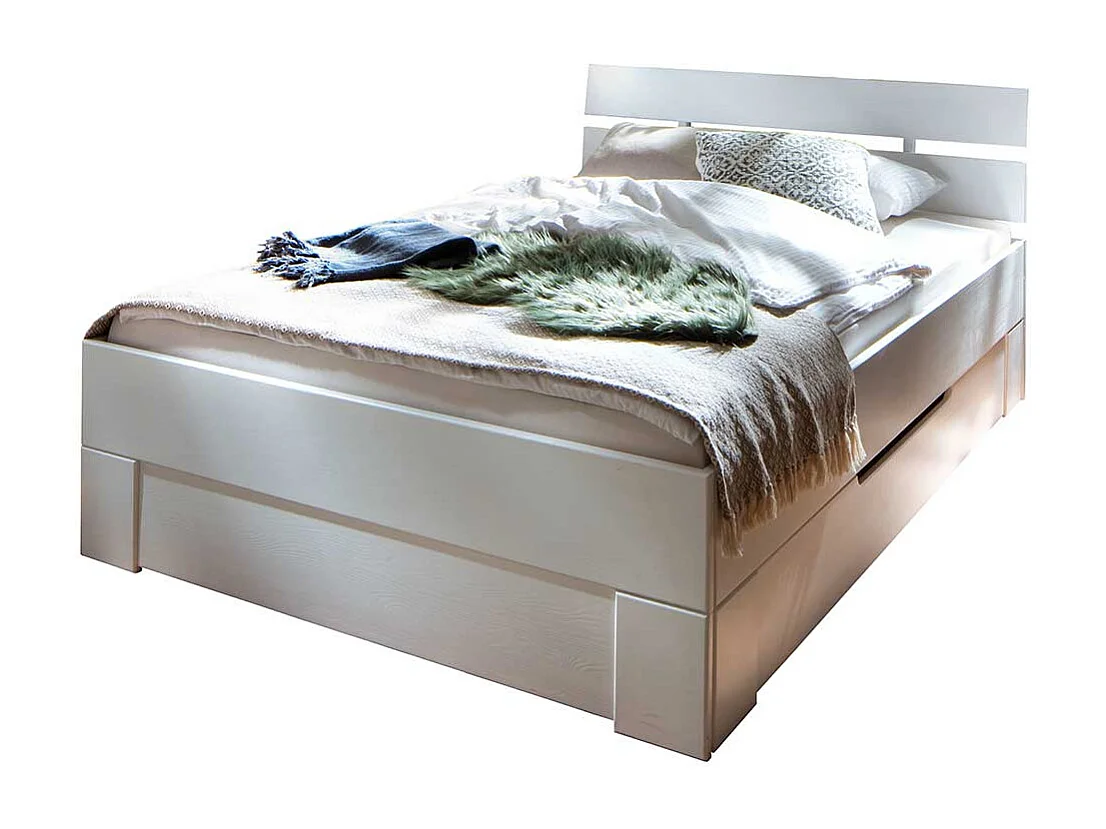 Weißes Fichte Massivholzbett in modernem Design wahlweise mit Bettkasten