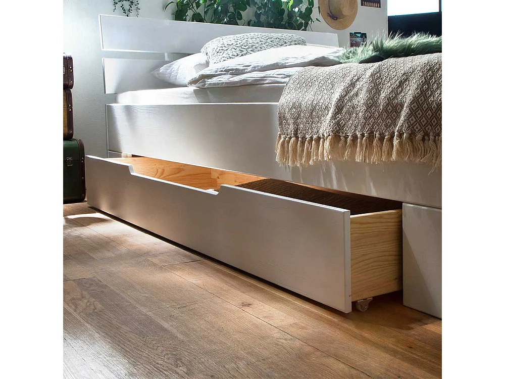 Weißes Fichte Massivholzbett in modernem Design wahlweise mit Bettkasten