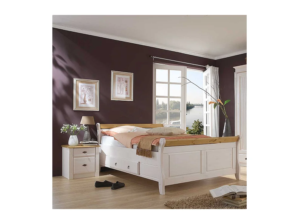 Komfortbett in Weiß Kiefer massiv Nachtkommoden (dreiteilig)