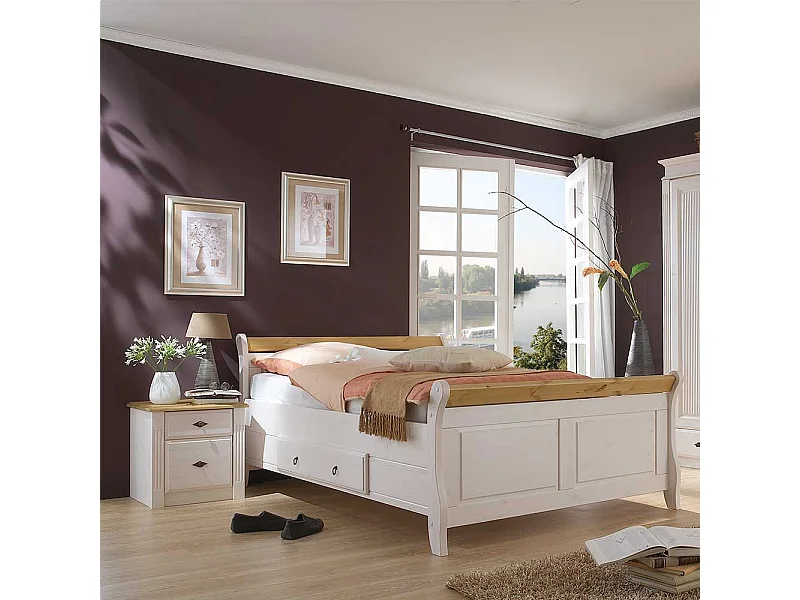 Komfortbett in Weiß Kiefer massiv Nachtkommoden (dreiteilig)