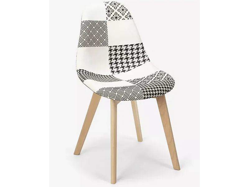 Silla Vinto en tejido patchwork blanco y gris y patas de madera natural