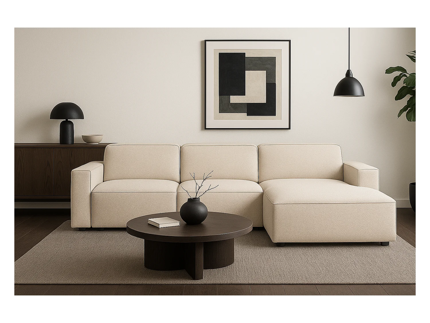 Canapé d’angle modulaire Cursal A  droit  – 284 x 166 cm, créme Raven 24, design moderne