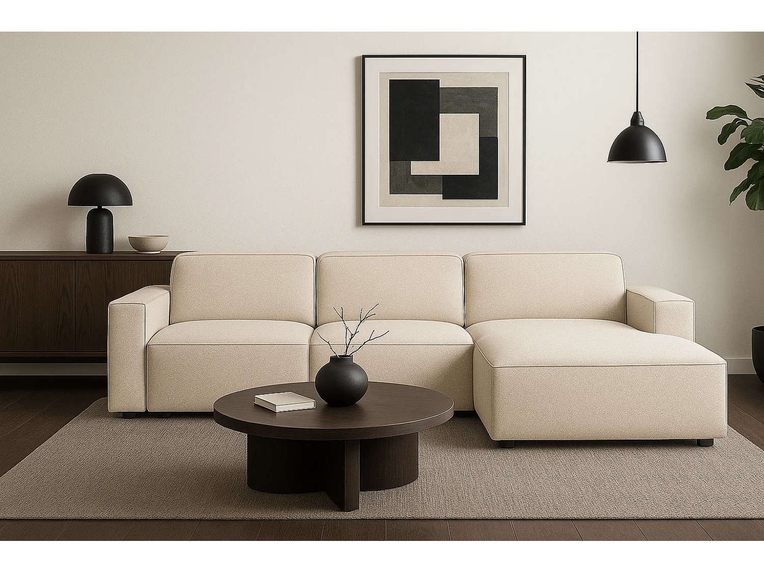 Canapé d’angle modulaire Cursal A  droit  – 284 x 166 cm, créme Raven 24, design moderne