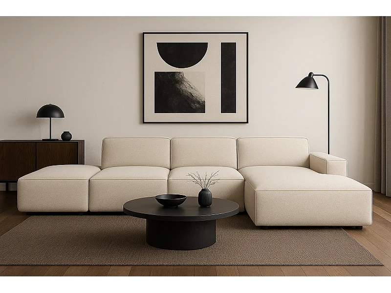 Modulares Ecksofa Cursal C rechts mit Hocker – 341 x 166 x 70 cm, creme Raven 24, modernes Design