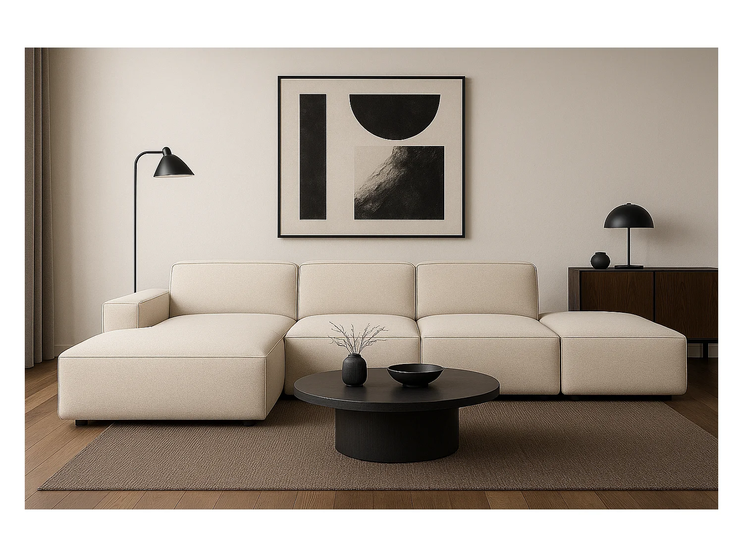 Canapé d’angle modulaire Cursal C gauche – 341 x 166 x 70 cm,  créme Raven 24, design moderne