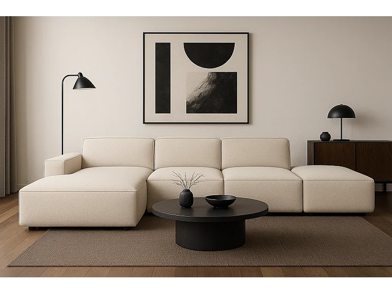 Modulaire hoekbank Cursal C links met poef – 341 x 166 x 70 cm,  créme Raven 24, modern design