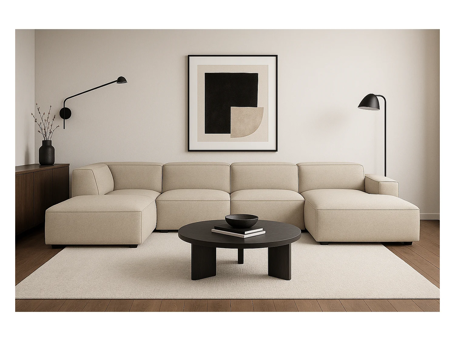 Canapé d’angle modulaire Cursal D droit – 364 x 262 x 70 cm, créme Raven 24, design moderne