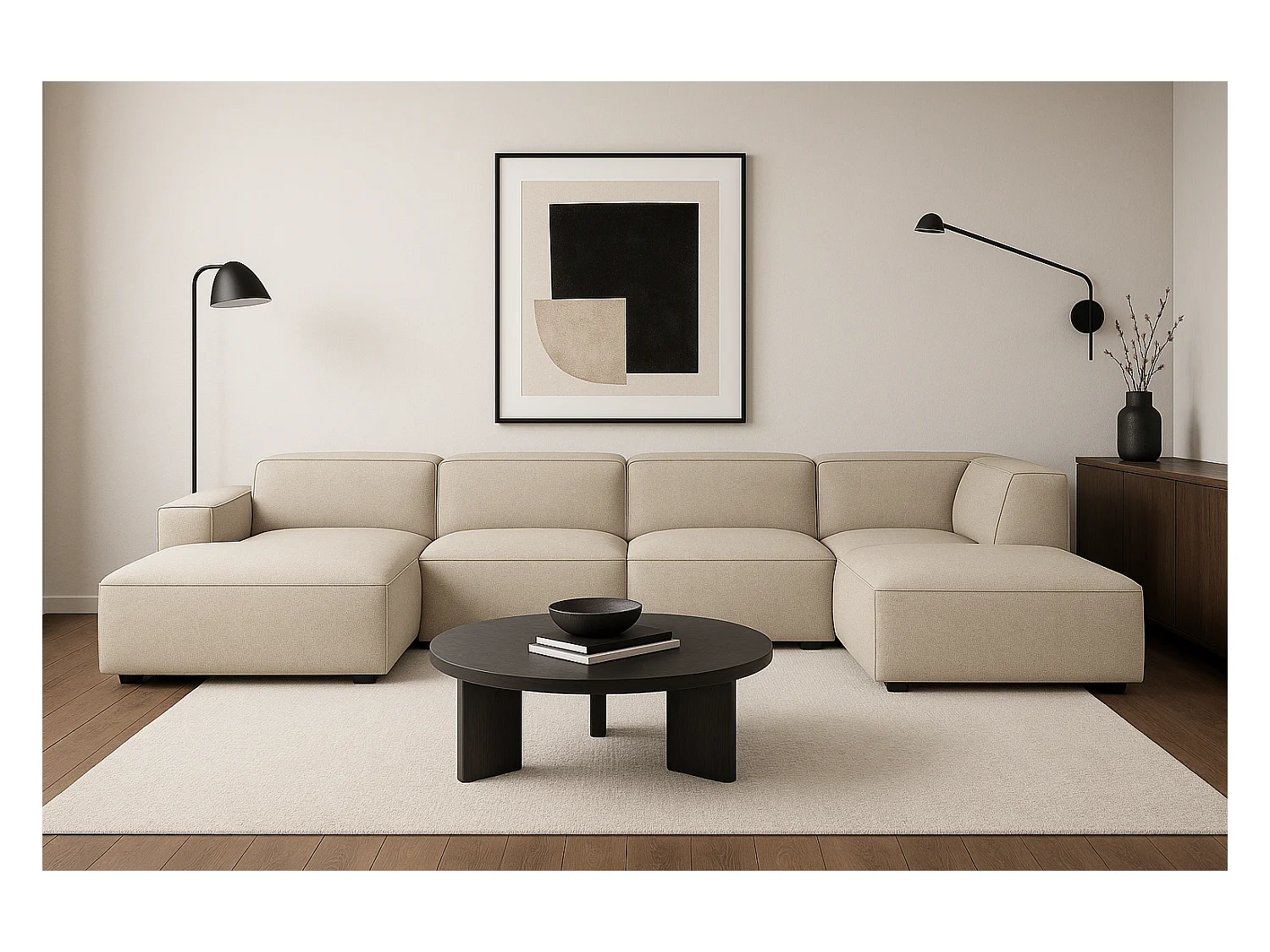 Canapé d’angle modulaire Cursal D gauche – 364 x 262 x 70 cm, créme Raven 24, design moderne