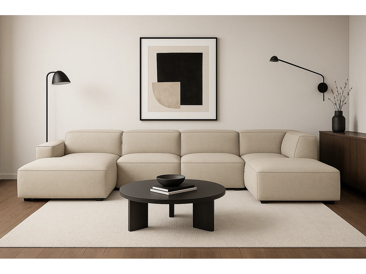 Canapé d’angle modulaire Cursal D gauche – 364 x 262 x 70 cm, créme Raven 24, design moderne