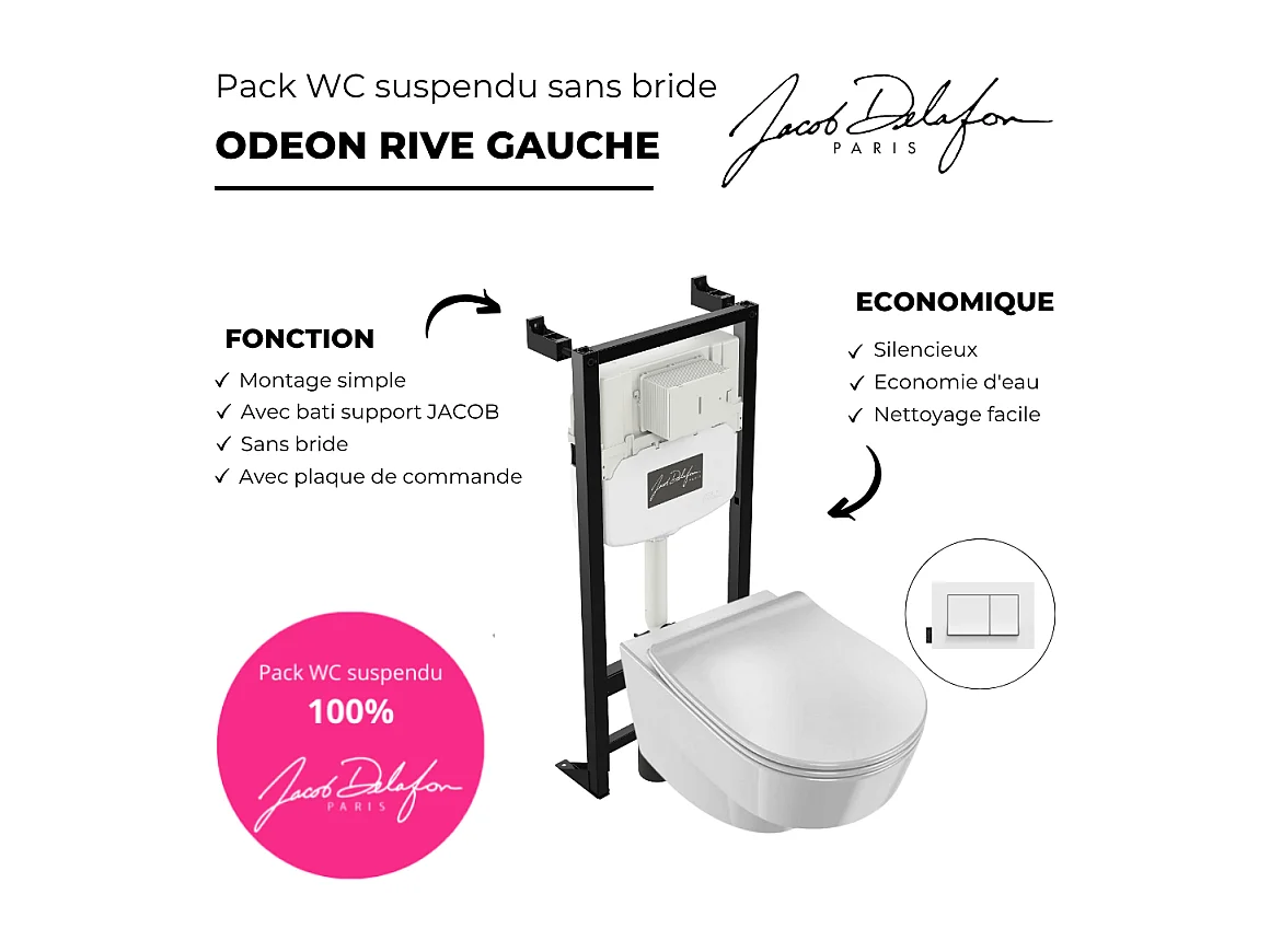Pack WC suspendu sans bride JACOB DELAFON Odéon Rive Gauche + bâti support + plaque avec abattant extra plat