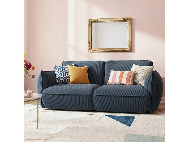 Canapé 3 places en velours côtelé bleu foncé - Lidia