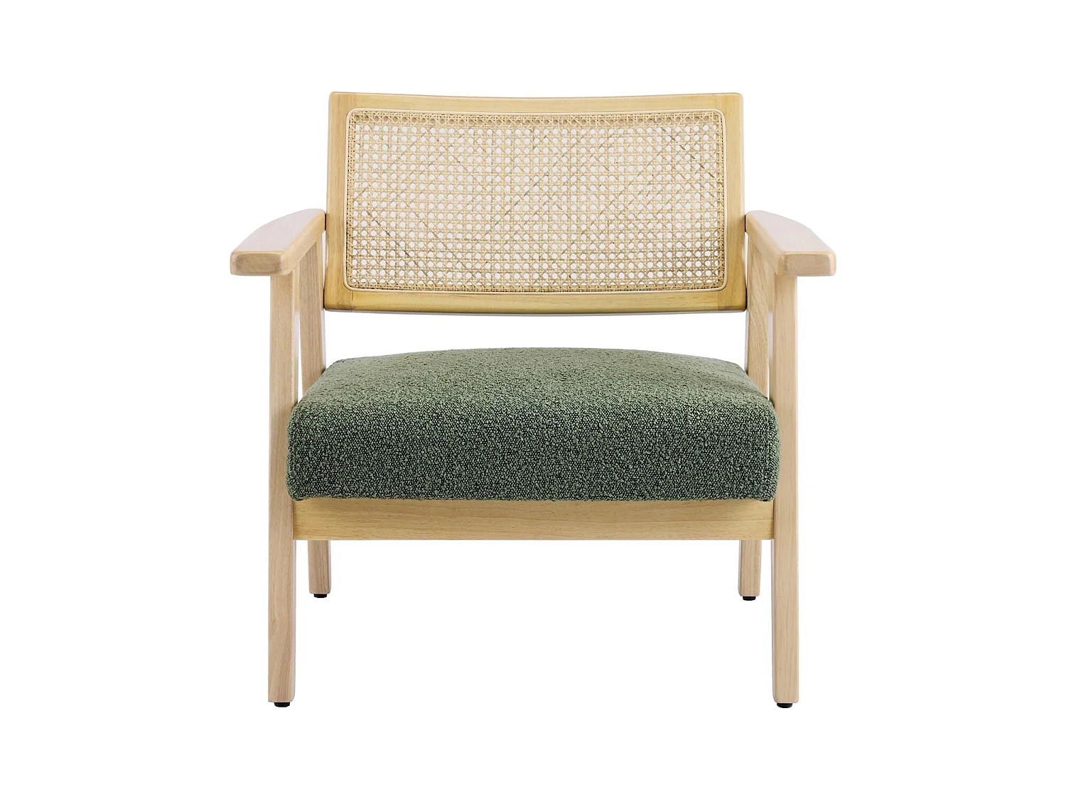 Fauteuil en tissu bouclé vert et cannage naturel - Tim