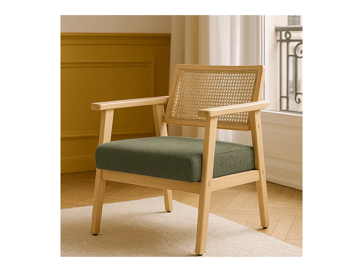 Fauteuil en tissu bouclé vert et cannage naturel - Tim