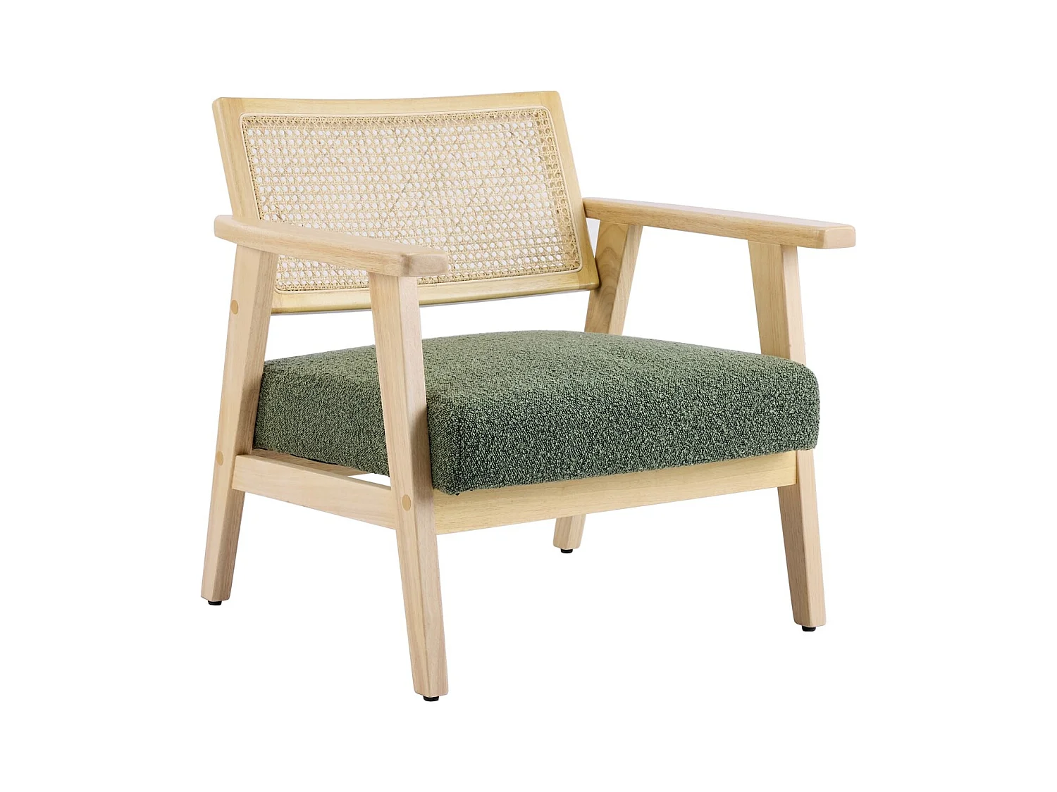 Fauteuil en tissu bouclé vert et cannage naturel - Tim