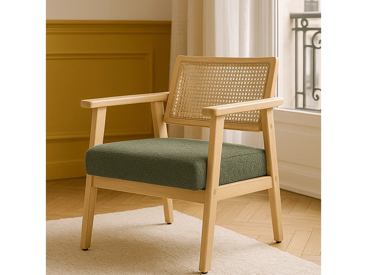 Fauteuil en tissu bouclé vert et cannage naturel - Tim