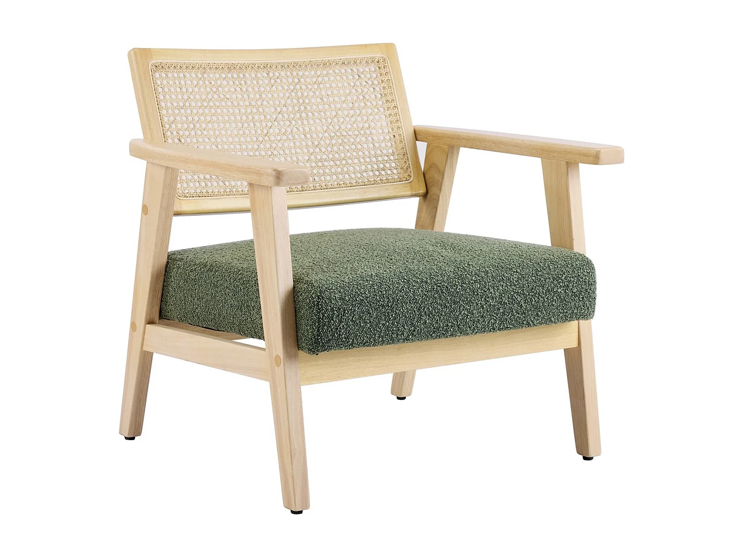 Fauteuil en tissu bouclé vert et cannage naturel - Tim